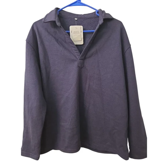 Women's Collared Pullover Sweatshirt Navy Blue - Picture 4 of 8